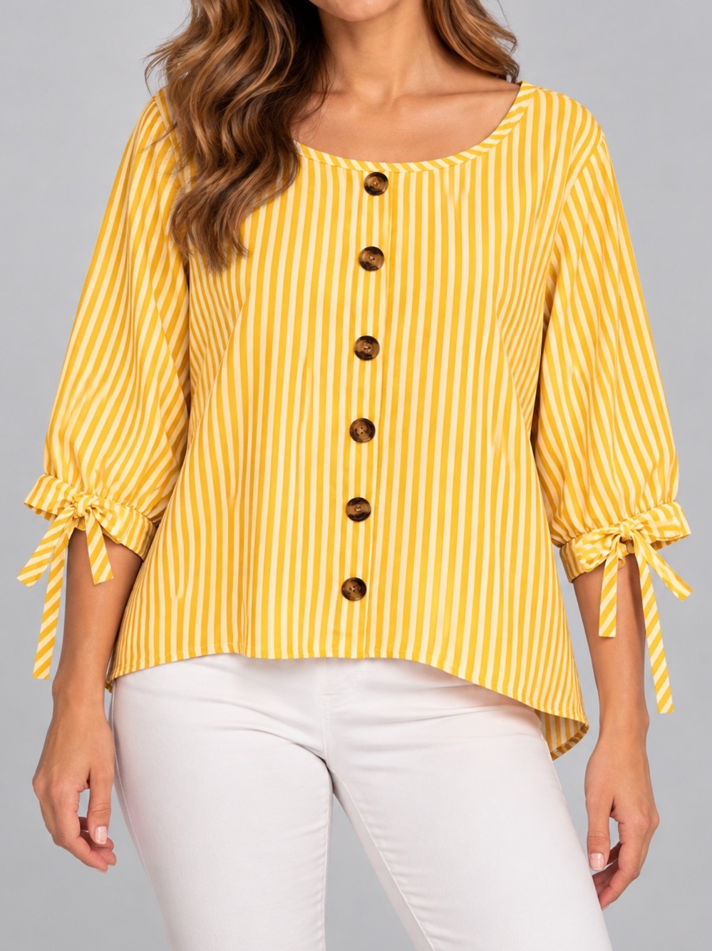 Yellow Striped Tie-Sleeve Button Front Women's Top